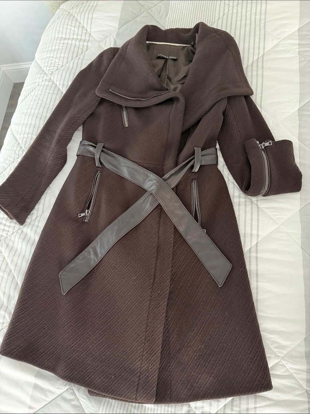 Andrew Marc Dark Brown Wool Blend Belted Trench Coat